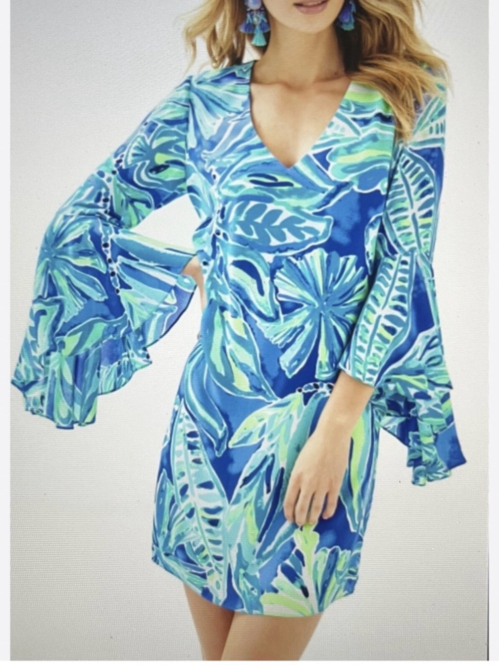 Lilly Pulitzer Blue Tropical-Print Midi Dress with Green & White Accents